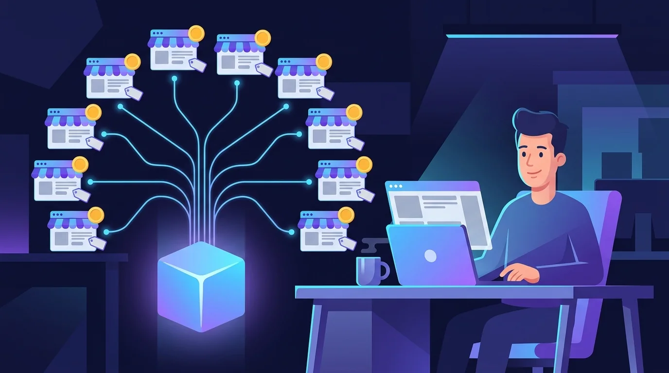 A founder works at a laptop at night while a glowing cube beside the desk branches out into ten small storefront cards, each with a coin and price tag.